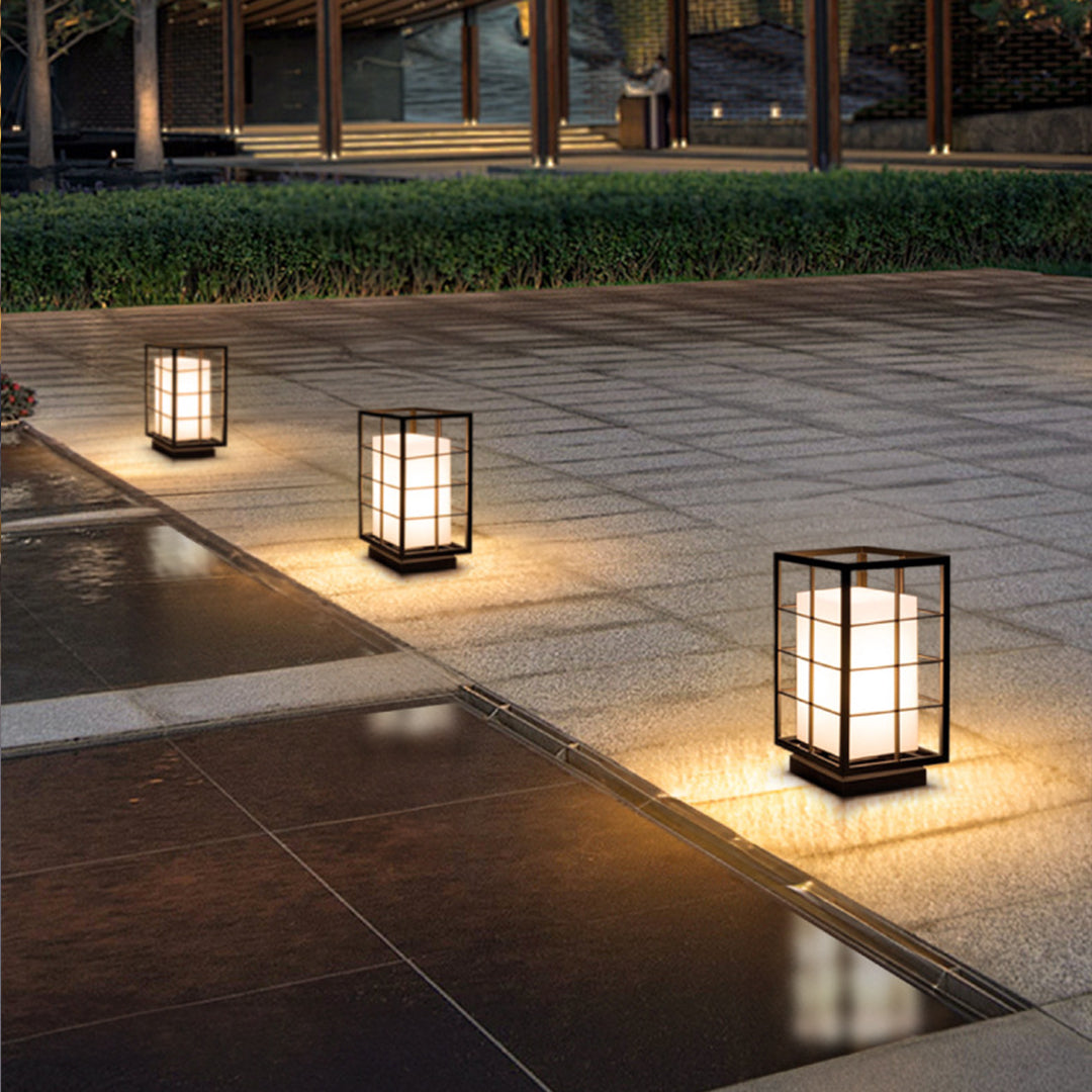 Square Japanese Outdoor Bollard Lantern — Stainless Steel & Acrylic, 10W LED, 3000K, IP65, 11.81" Hardwired