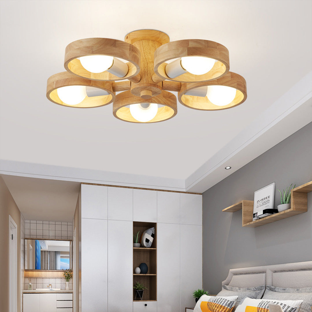 Rubberwood LED Chandelier — E27, Rotatable Shade, 3-Color Dimming, 3-Head / 5-Head / 6-Head / 8-Head