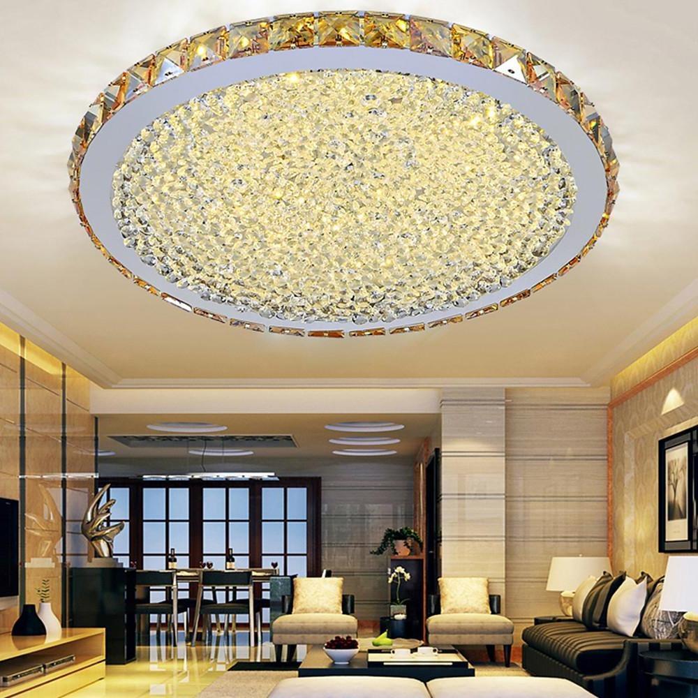 16" Modern Crystal Flush-Mount Ceiling Light — Antique Painted Metal, LED, Three-Step Dimming, 20W