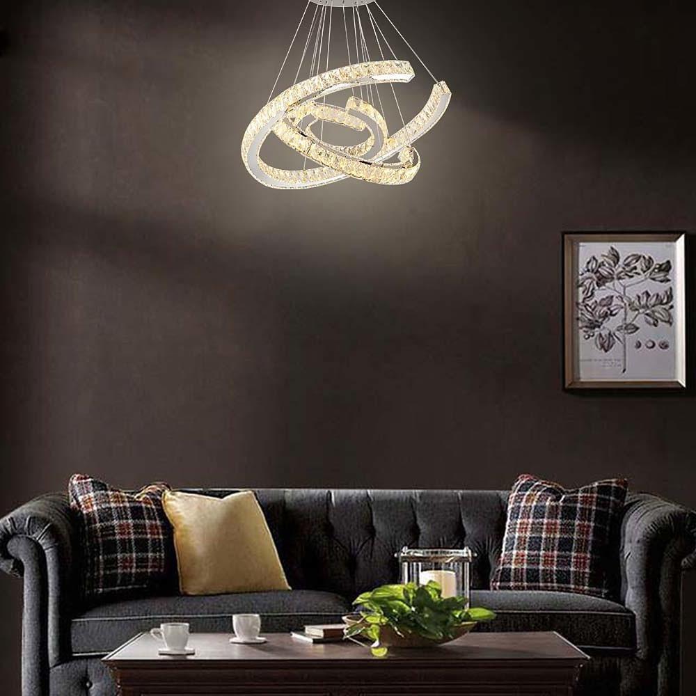 Crystal Wave Chandelier — Stainless Steel, 3-Light LED, 24" Wide, Adjustable 39" Cord