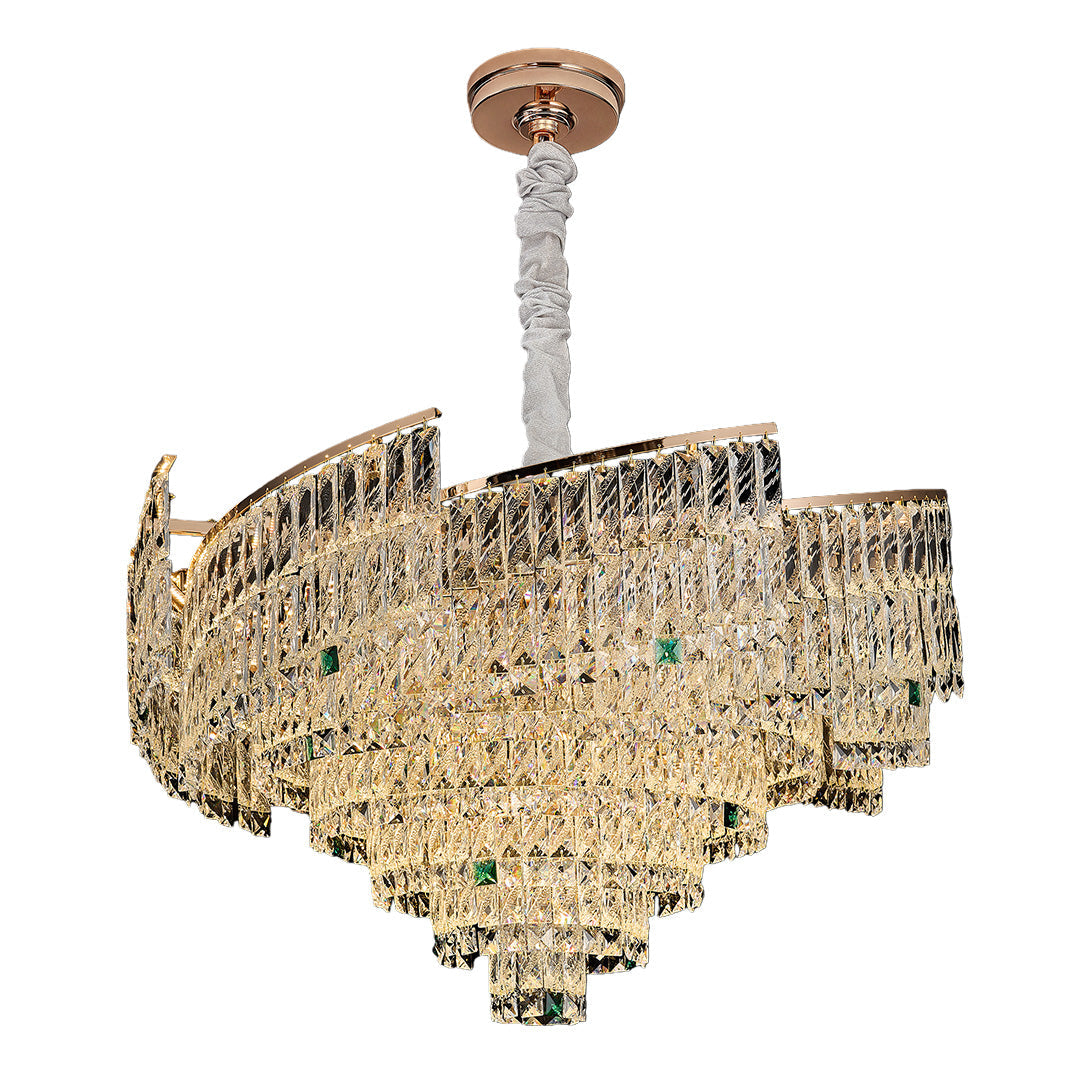 Crystal Pendant Chandelier — Champagne Gold-Plated Carbon Steel, Three-Color Dimming, LED, Adjustable Hanging Length