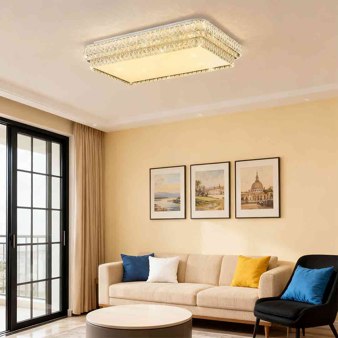 Crystal Flush-Mount Ceiling Light — Chrome Stainless Steel, LED, 3-Step Dimming (3000K/4500K/6000K), Round / Square / Rectangle