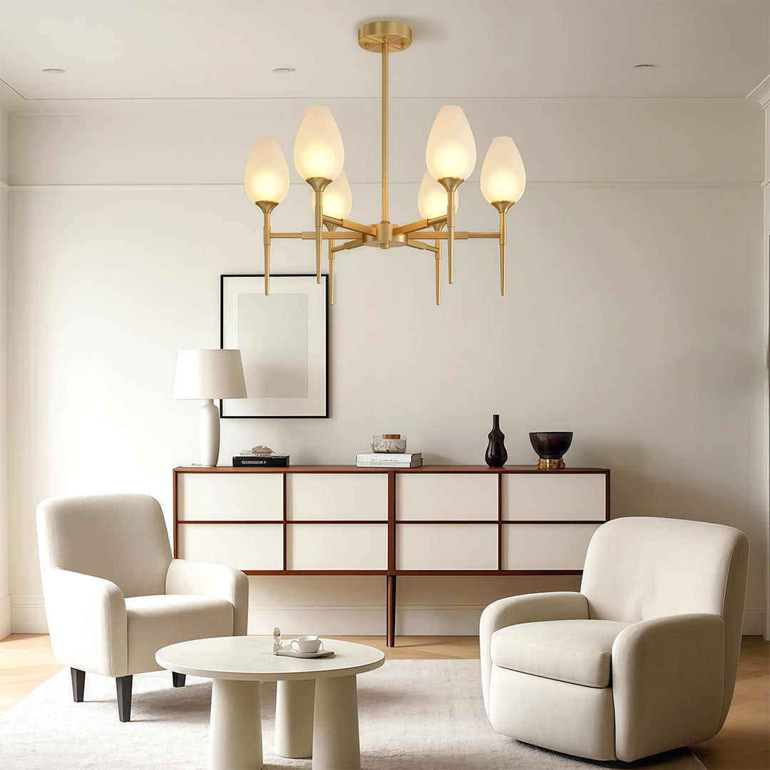 Minimalist Glass Chandelier — Brass Frame, Transparent Glass Shades, G9, 4-, 6-, or 8-Light