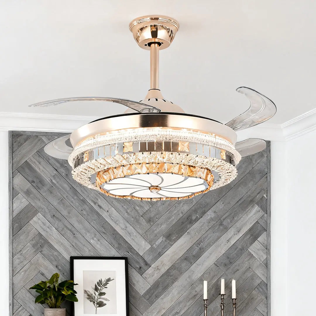 Gold 4-Blade Ceiling Fan with Crystal Light Design and Invisible Lamp Luxe
