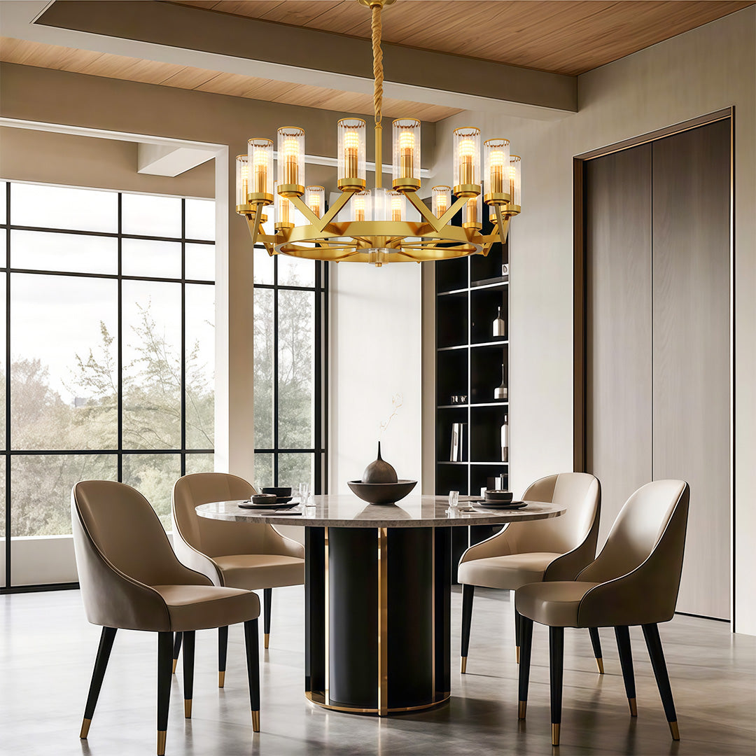 Glass Drop Chandelier — Full-Brass Frame, Transparent Glass, E14, Available in Copper, Nickel, or Black