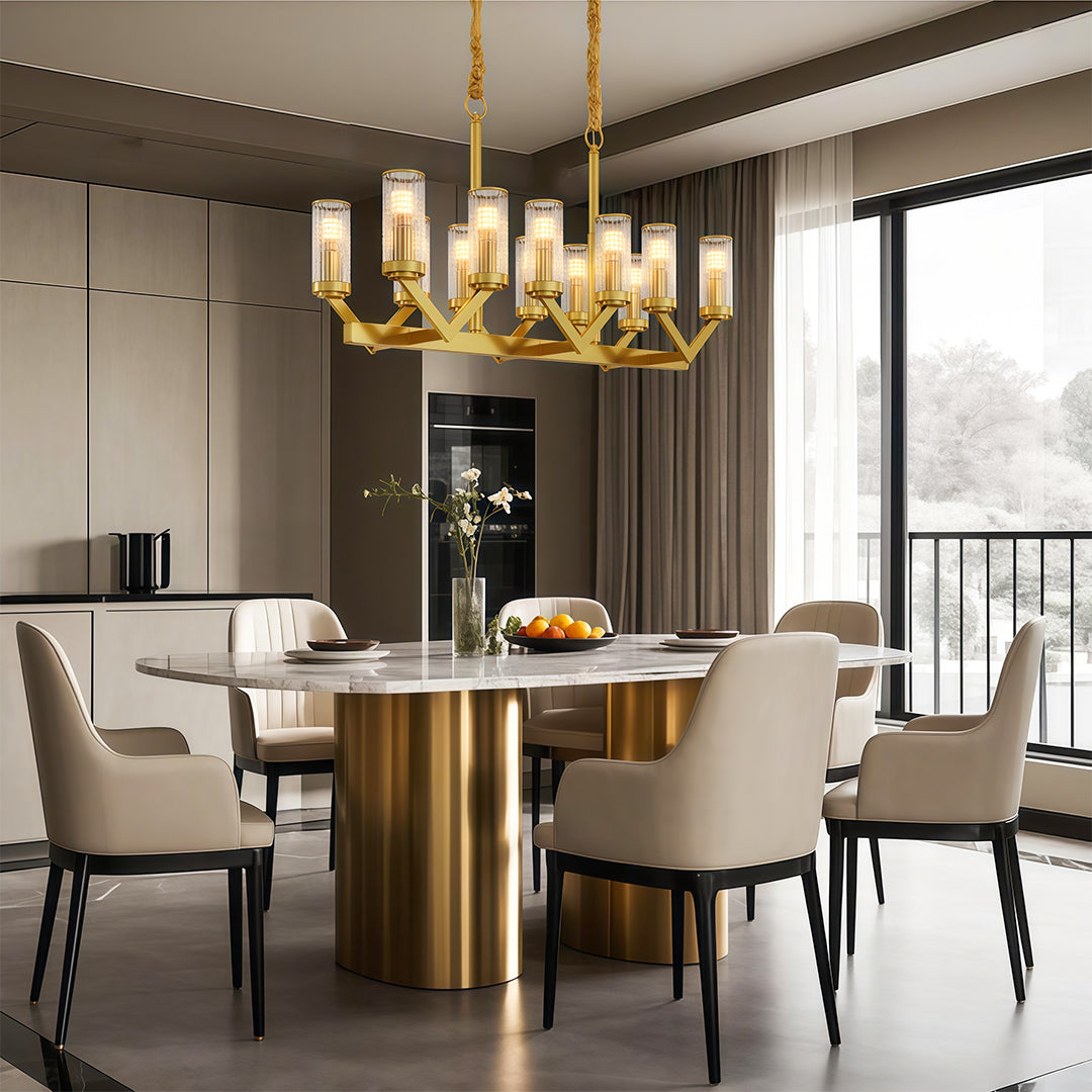 Glass Drop Chandelier — Full-Brass Frame, Transparent Glass, E14, Available in Copper, Nickel, or Black