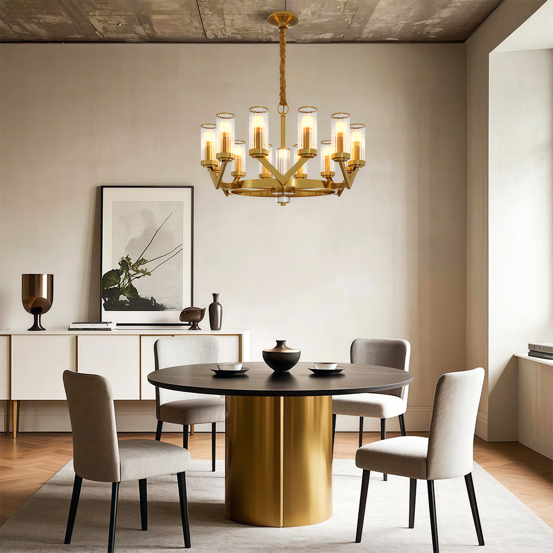 Glass Drop Chandelier — Full-Brass Frame, Transparent Glass, E14, Available in Copper, Nickel, or Black