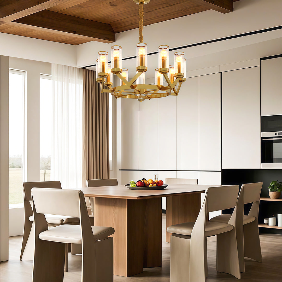 Glass Drop Chandelier — Full-Brass Frame, Transparent Glass, E14, Available in Copper, Nickel, or Black