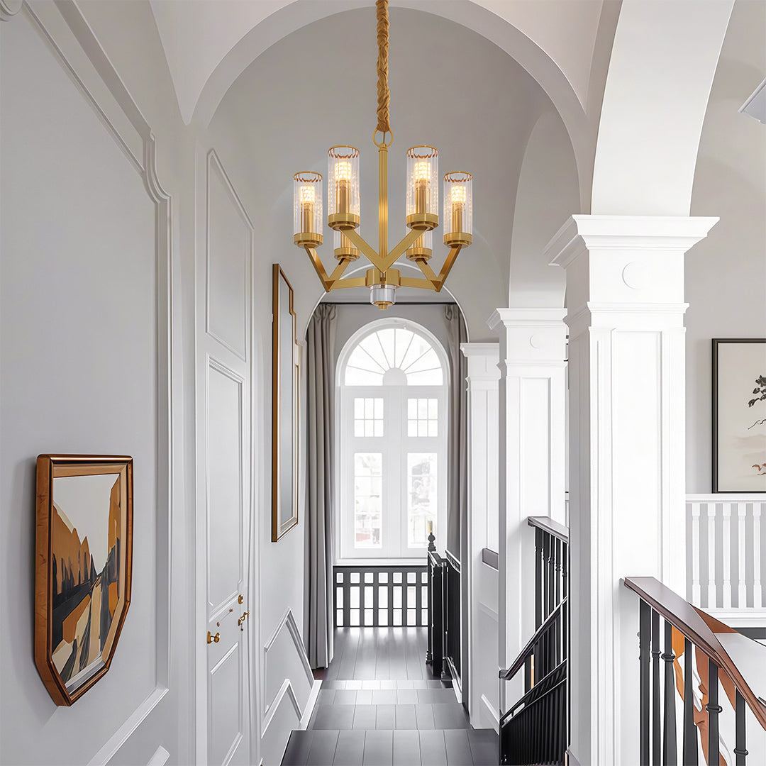 Glass Drop Chandelier — Full-Brass Frame, Transparent Glass, E14, Available in Copper, Nickel, or Black