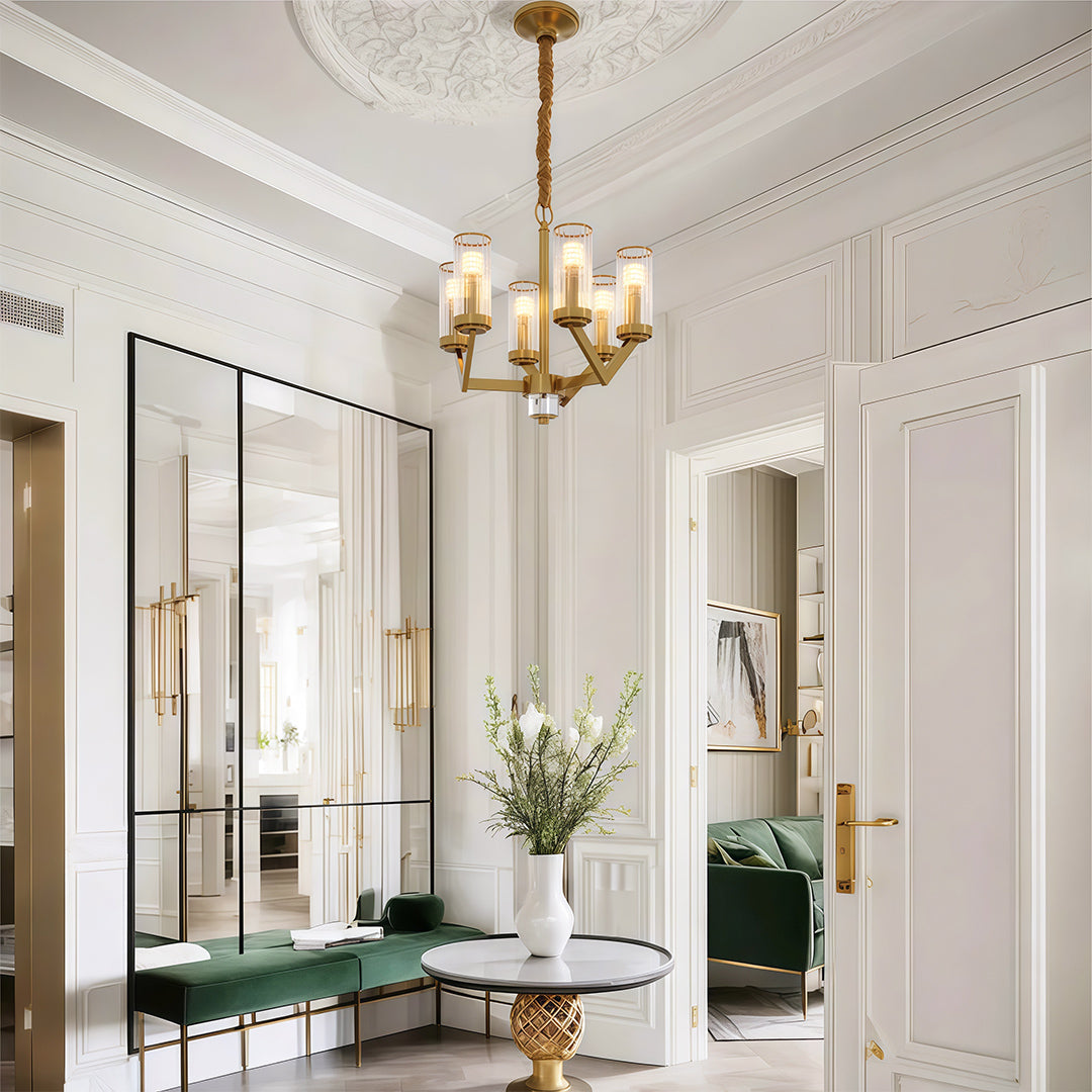 Glass Drop Chandelier — Full-Brass Frame, Transparent Glass, E14, Available in Copper, Nickel, or Black