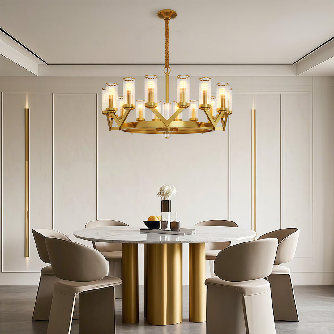Glass Drop Chandelier — Full-Brass Frame, Transparent Glass, E14, Available in Copper, Nickel, or Black