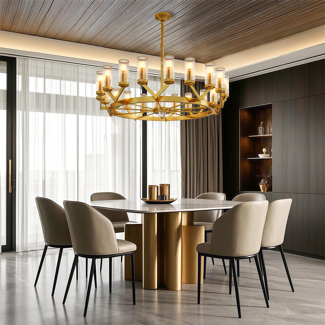 Glass Drop Chandelier — Full-Brass Frame, Transparent Glass, E14, Available in Copper, Nickel, or Black