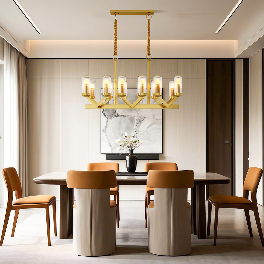 Glass Drop Chandelier — Full-Brass Frame, Transparent Glass, E14, Available in Copper, Nickel, or Black