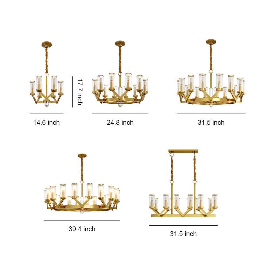 Glass Drop Chandelier — Full-Brass Frame, Transparent Glass, E14, Available in Copper, Nickel, or Black