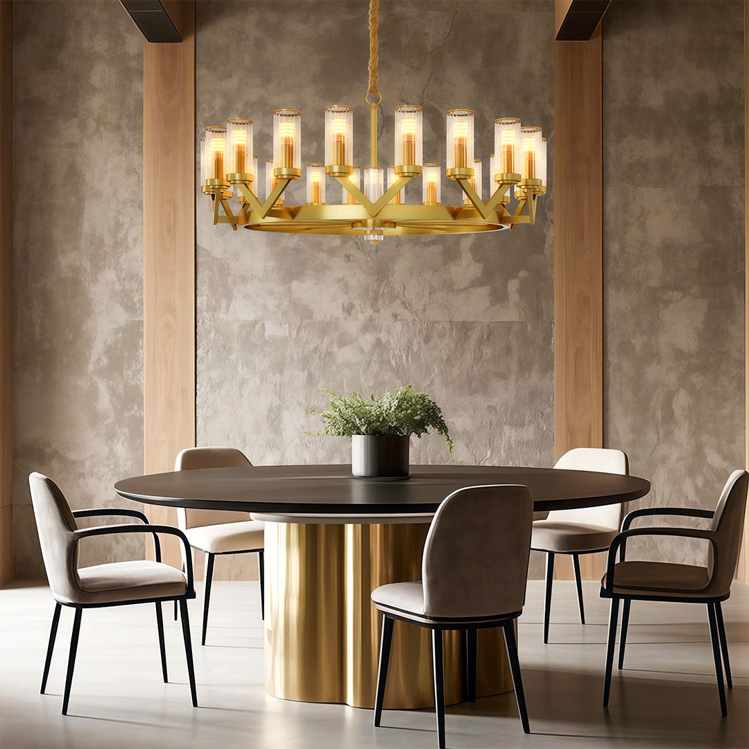 Glass Drop Chandelier — Full-Brass Frame, Transparent Glass, E14, Available in Copper, Nickel, or Black