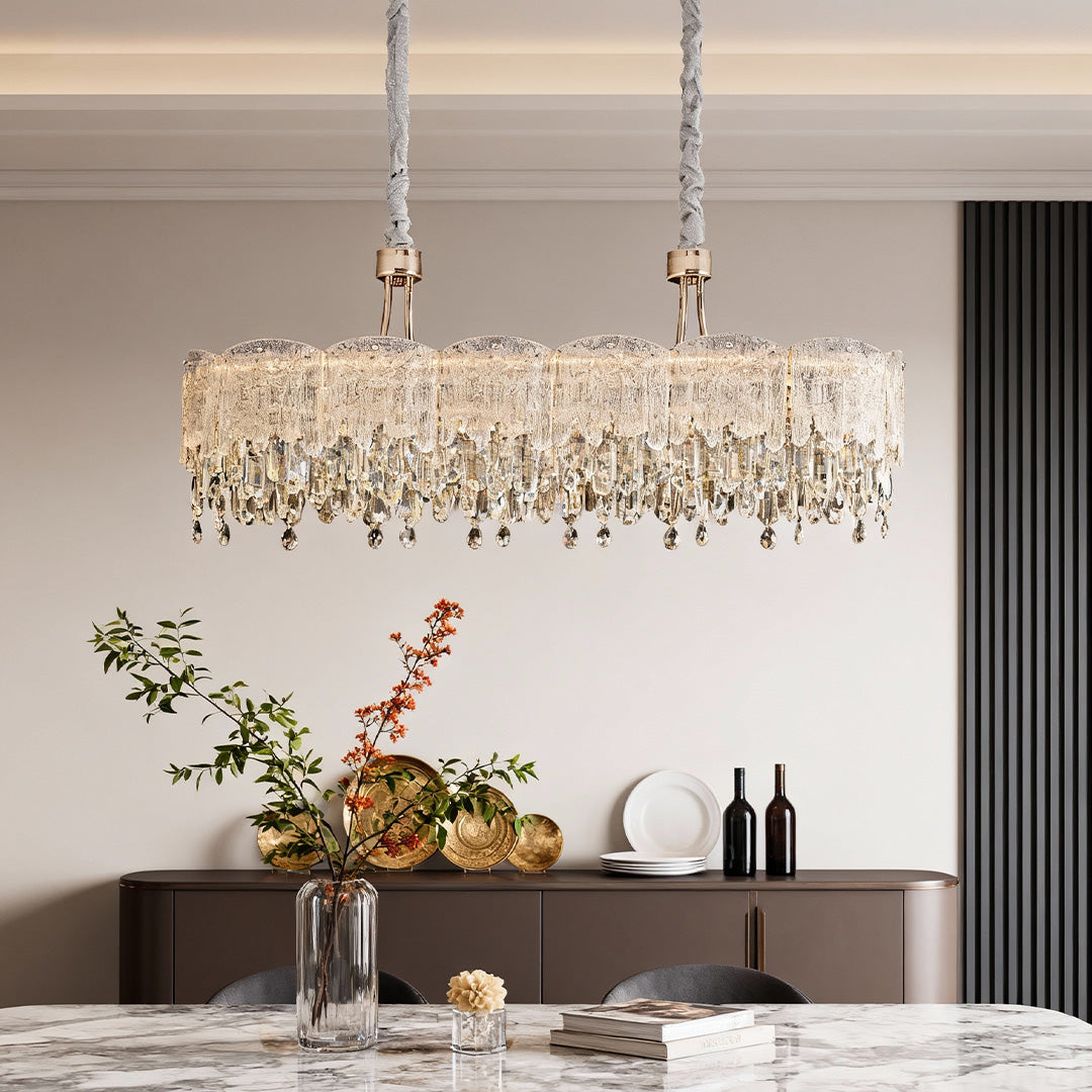 French Luxury Crystal Chandelier — Champagne Gold, Glass Fringe, 3-Step Dimming, Adjustable Cord, Six Models