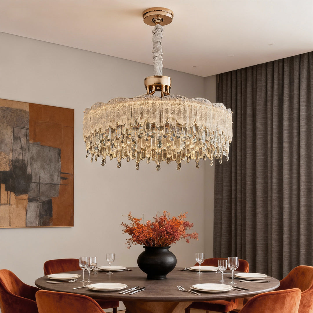 French Luxury Crystal Chandelier — Champagne Gold, Glass Fringe, 3-Step Dimming, Adjustable Cord, Six Models