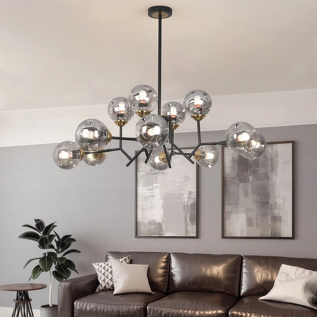 Glass Globe Chandelier — Black Iron, 12-Light E27, 144W, Adjustable Hanging Rod, 35.43" Wide