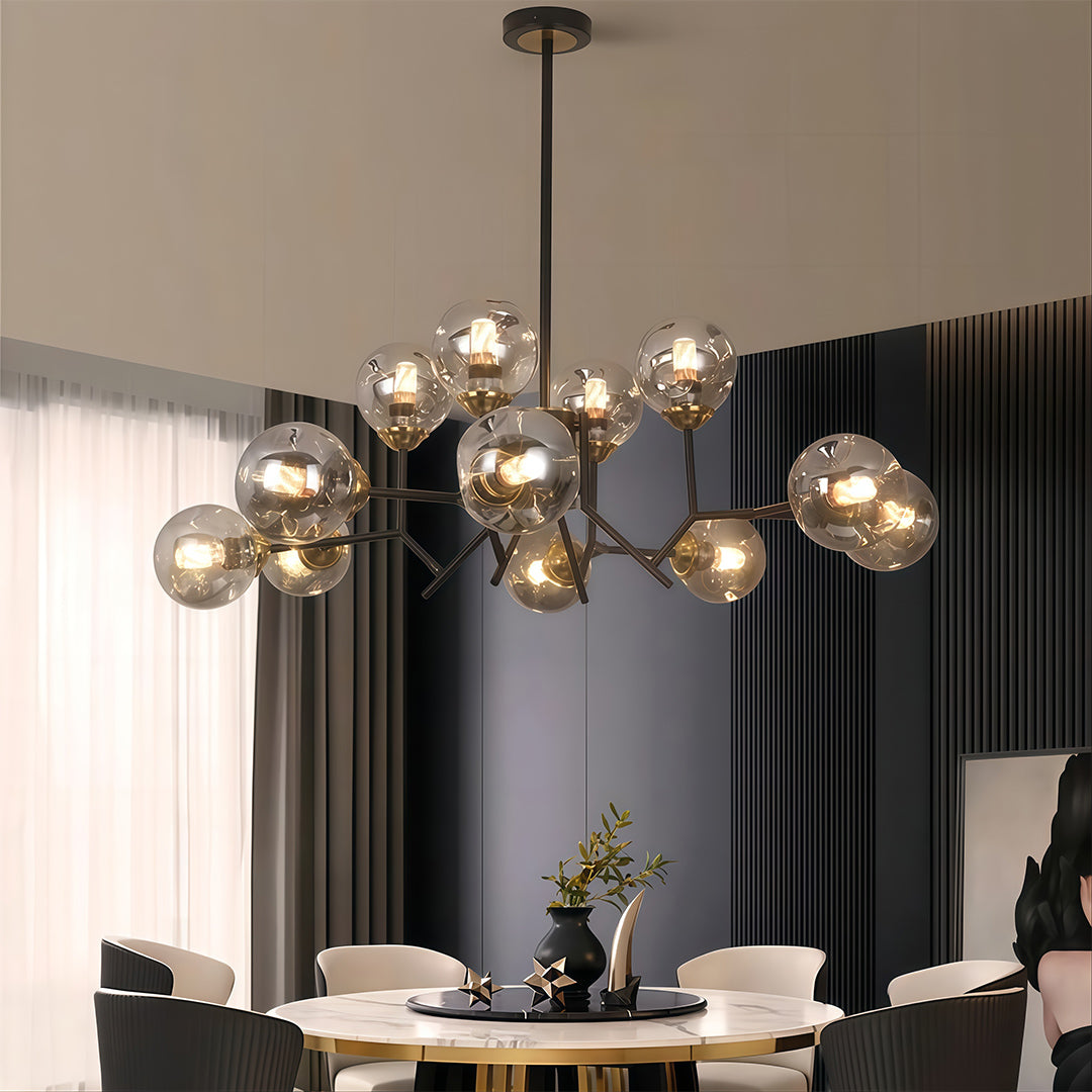 Glass Globe Chandelier — Black Iron, 12-Light E27, 144W, Adjustable Hanging Rod, 35.43" Wide