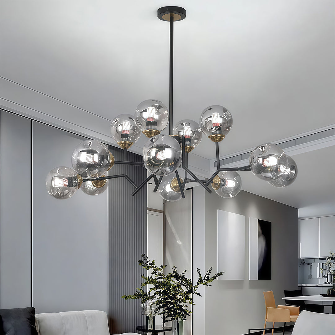 Glass Globe Chandelier — Black Iron, 12-Light E27, 144W, Adjustable Hanging Rod, 35.43" Wide