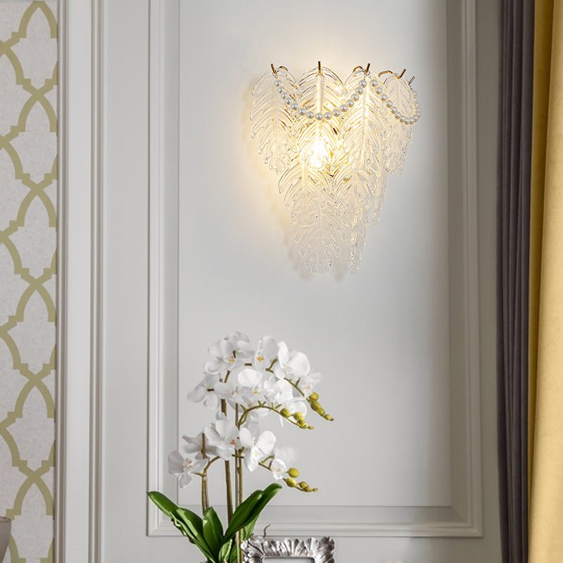French Glass Leaf & Feather Wall Sconce — E14 LED, Three-Step Dimming, Pearl Tassel, 12.2" Wide