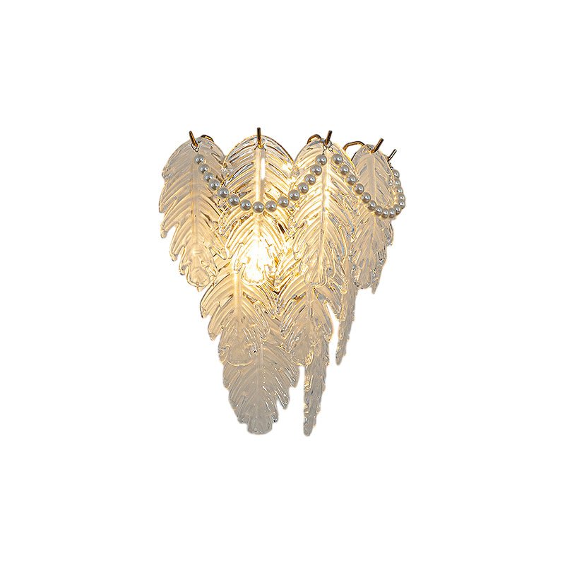 French Glass Leaf & Feather Wall Sconce — E14 LED, Three-Step Dimming, Pearl Tassel, 12.2" Wide