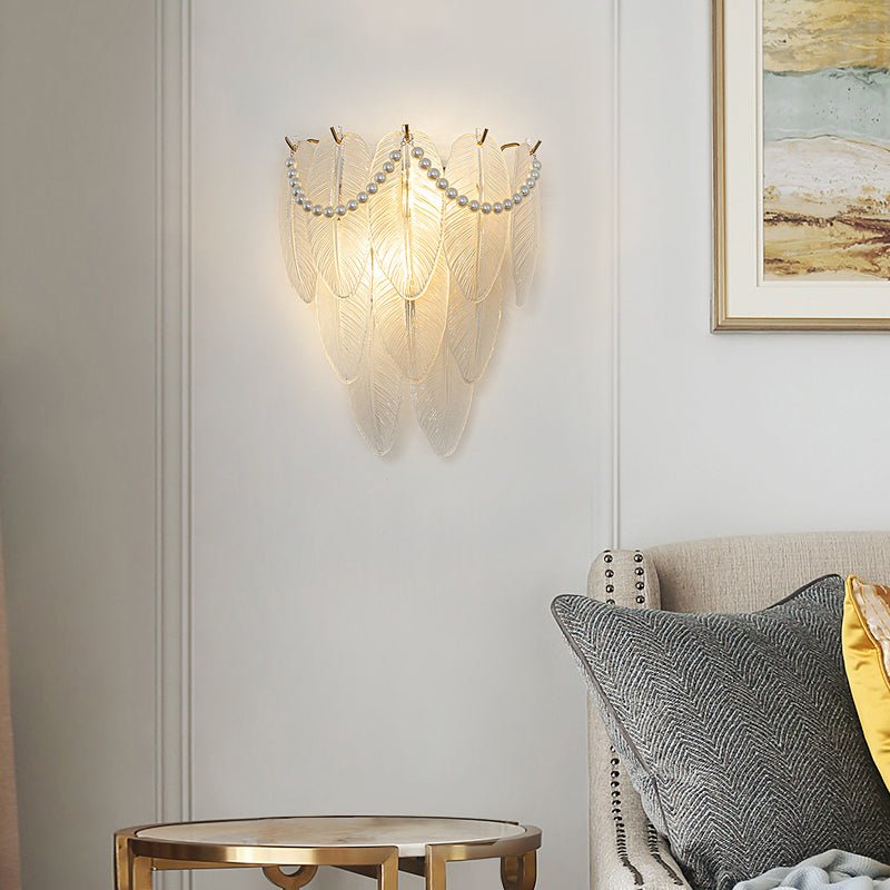 French Glass Leaf & Feather Wall Sconce — E14 LED, Three-Step Dimming, Pearl Tassel, 12.2" Wide