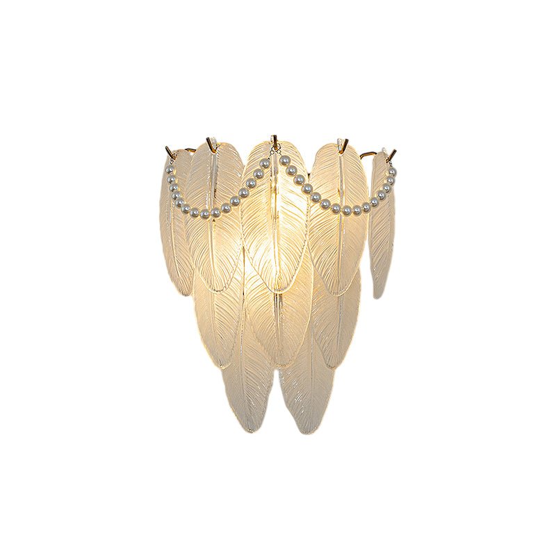 French Glass Leaf & Feather Wall Sconce — E14 LED, Three-Step Dimming, Pearl Tassel, 12.2" Wide