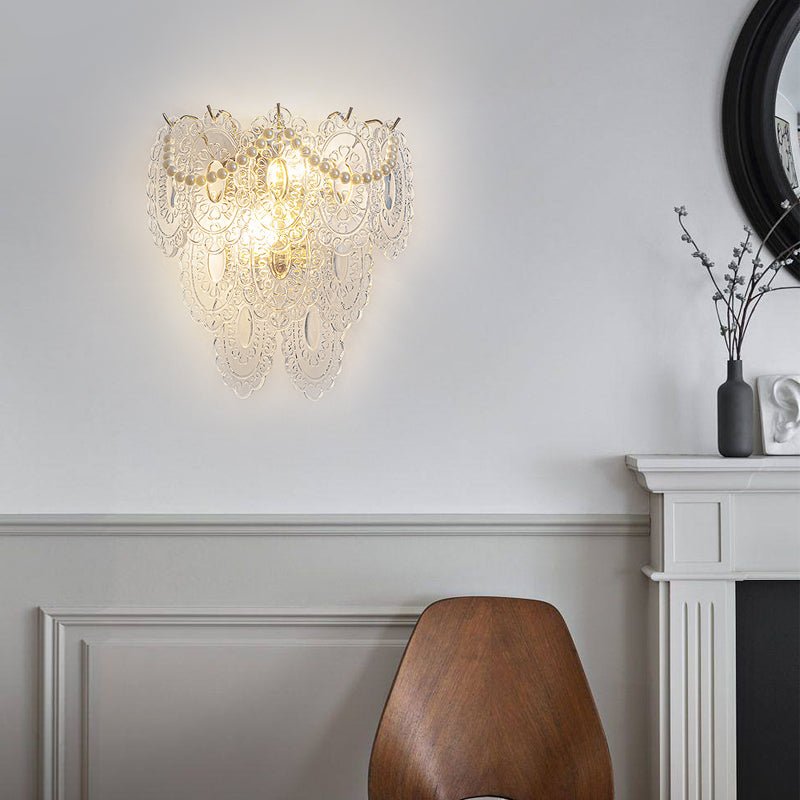 French Glass Leaf & Feather Wall Sconce — E14 LED, Three-Step Dimming, Pearl Tassel, 12.2" Wide