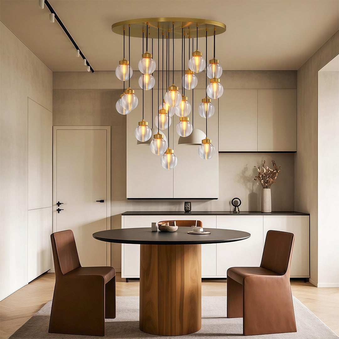 Contemporary Copper Chandelier — Solid Brass Frame, Clear Glass Shades, G9, 1- to 19-Light, Black / Chrome / Copper Finish