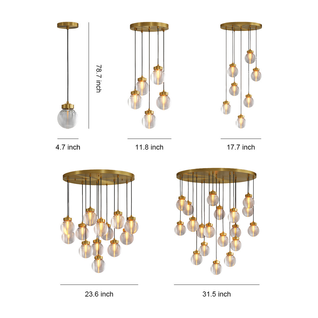 Contemporary Copper Chandelier — Solid Brass Frame, Clear Glass Shades, G9, 1- to 19-Light, Black / Chrome / Copper Finish