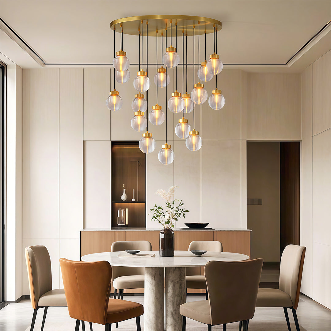 Contemporary Copper Chandelier — Solid Brass Frame, Clear Glass Shades, G9, 1- to 19-Light, Black / Chrome / Copper Finish