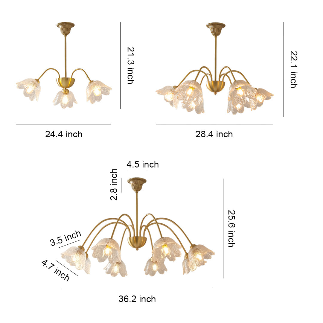 French Flower-Shaped Glass Chandelier — Full Copper, Brass Finish, 3-Step Dimming, 3, 6, or 8-Light