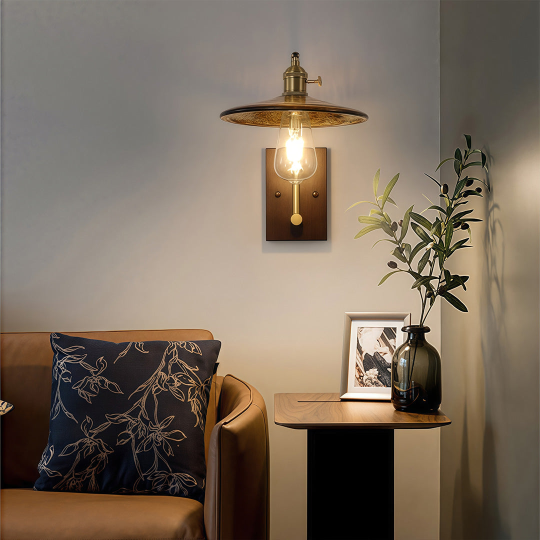 Retro Wave Glass Wall Sconce — Iron and Rubberwood, E27 LED, 3-Step Dimming (3000K/4500K/6000K), 3 Design Styles
