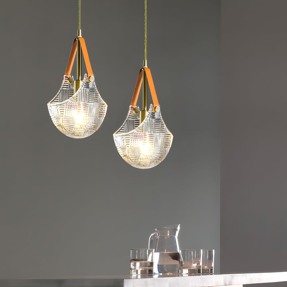 Woven Glass Bag Mini Pendant — Copper and Leather, E27, 6.3" Diameter, Warm White 3000K