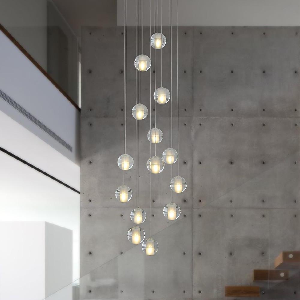 Contemporary 14-Light Crystal Ball Chandelier — Metal, Electroplated, Dimmable, 3000K / 6000K, 118" Adjustable Cord