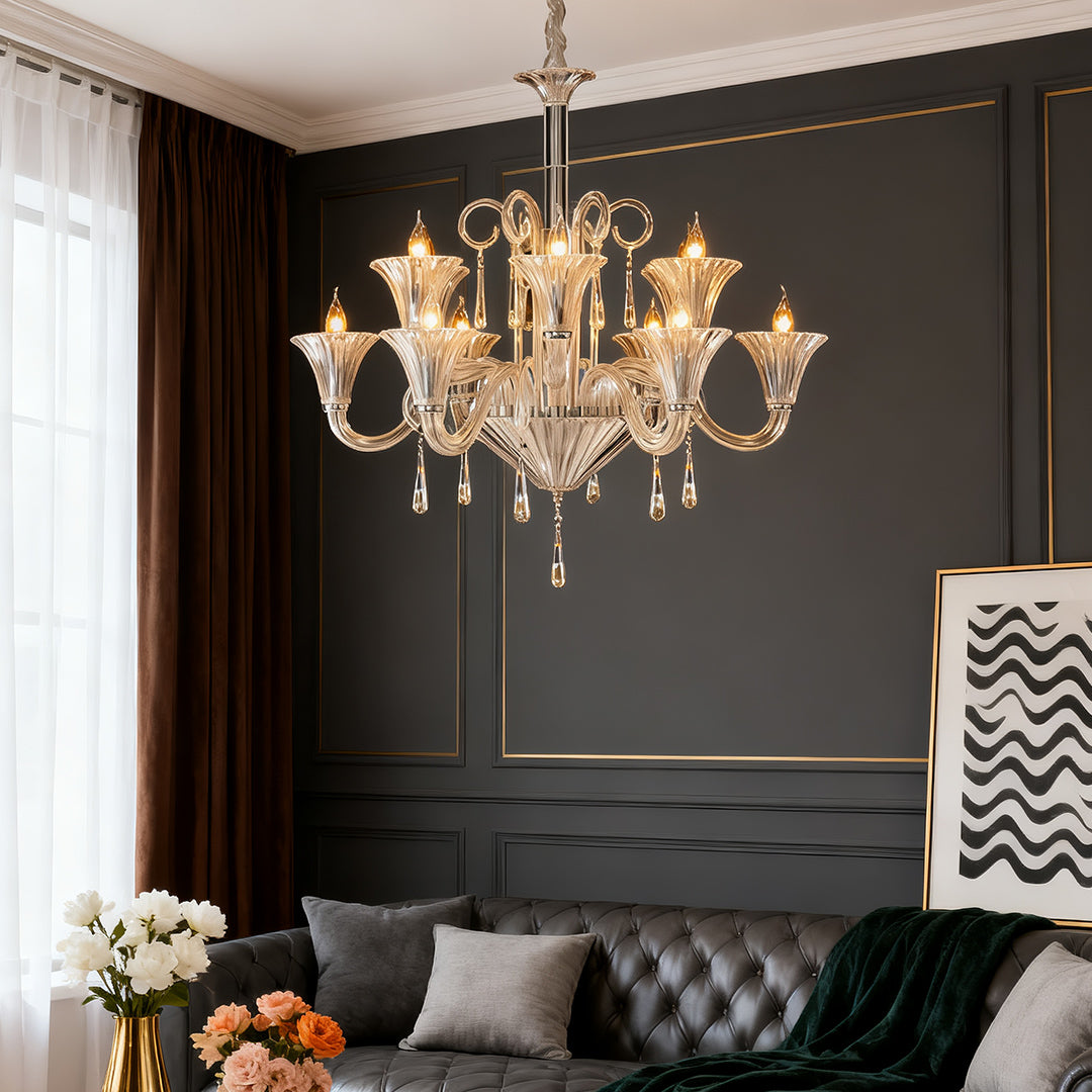 French Art Glass Chandelier — Clear Glass & Metal, 3-Step Dimming, E14, 12-Light or 18-Light