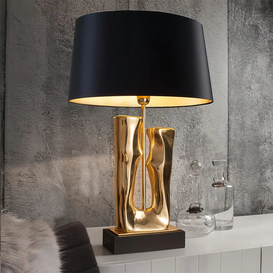 Elegant Drum Shade Lamp with Sculptural Gold and Black Base Luxe