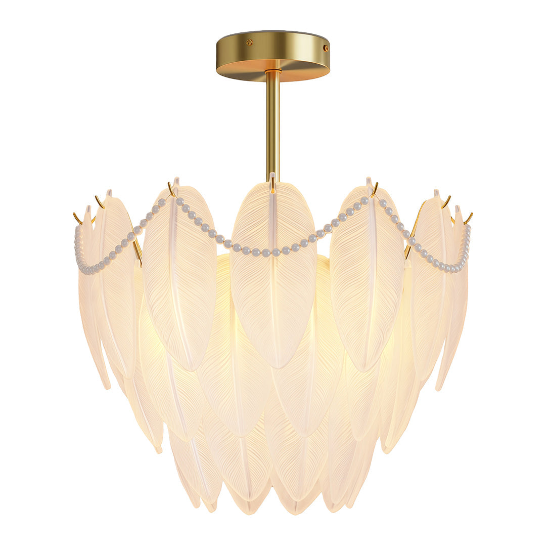 Feather & Pearl Chandelier — Full-Copper Frame, Feather-Textured Glass, E14, 47.2" Adjustable Chain