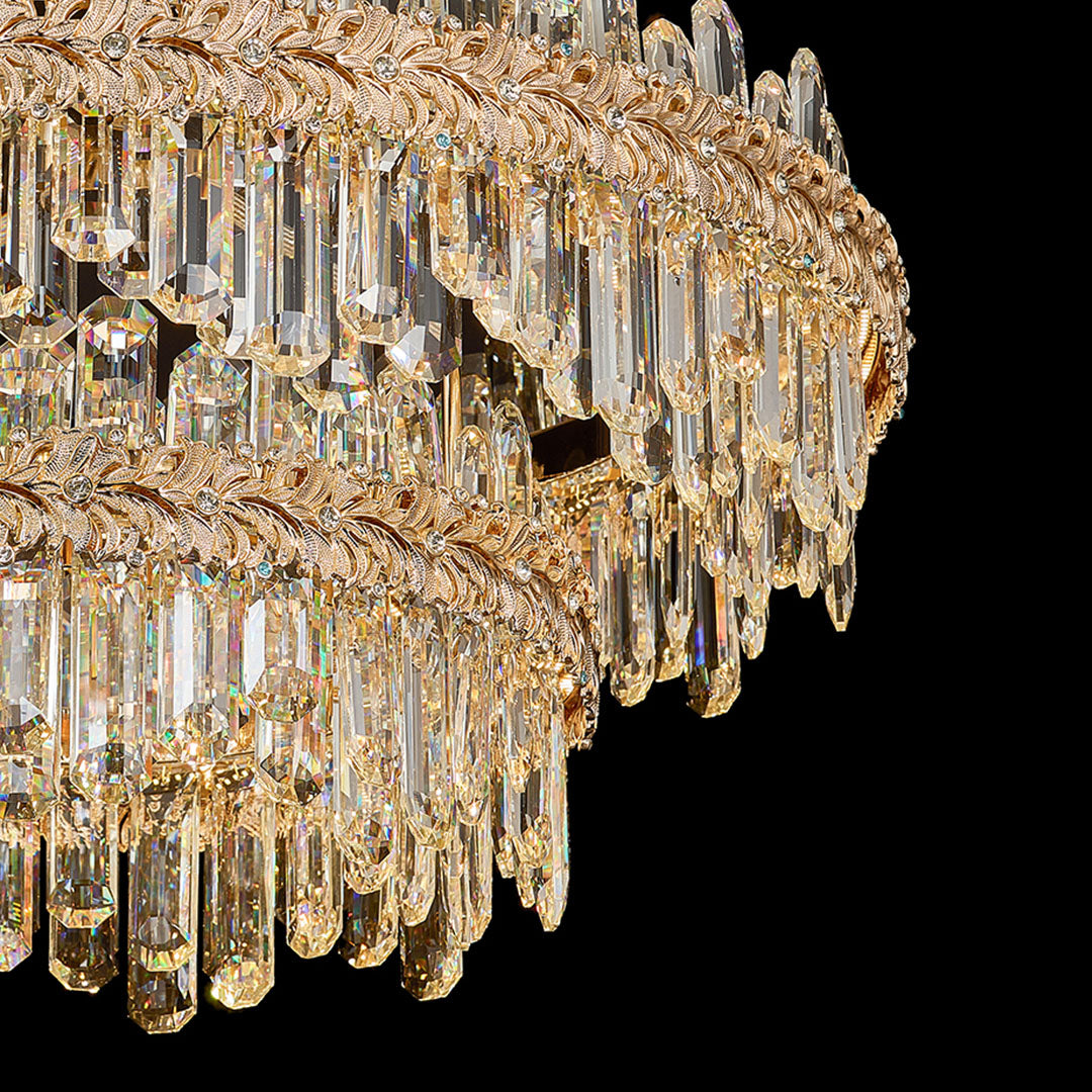 Crystal Chandelier — Champagne Gold-Plated Steel, Tri-Color LED, Single, Double, or Oval Layer, 6 Sizes