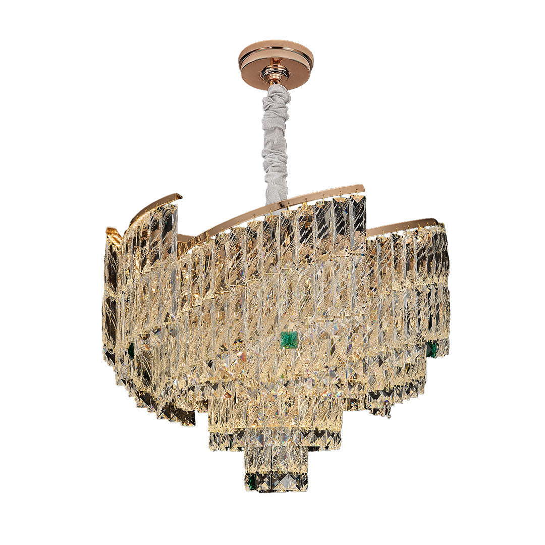 Crystal Pendant Chandelier — Champagne Gold-Plated Carbon Steel, Three-Color Dimming, LED, Adjustable Hanging Length
