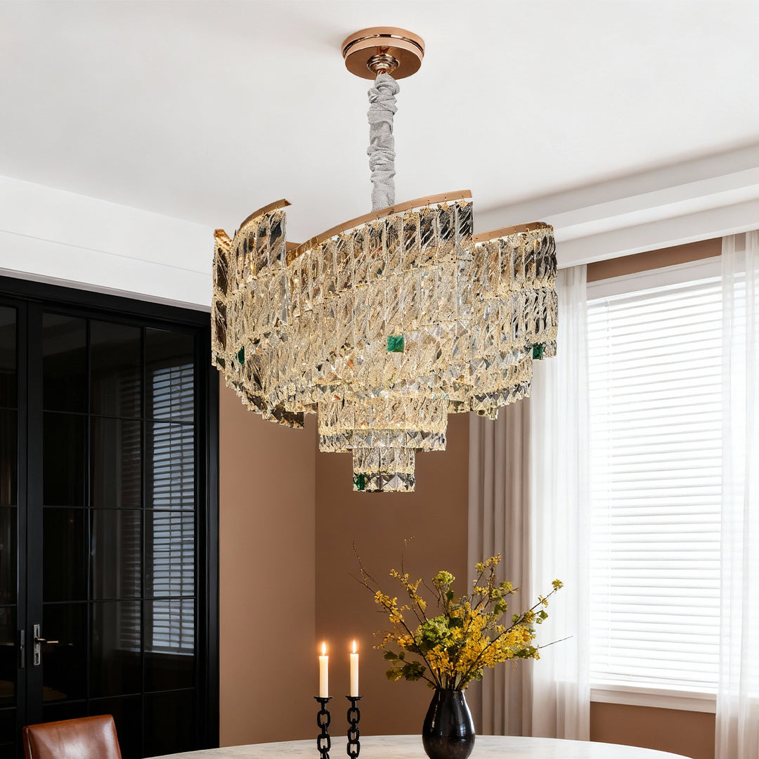 Crystal Pendant Chandelier — Champagne Gold-Plated Carbon Steel, Three-Color Dimming, LED, Adjustable Hanging Length