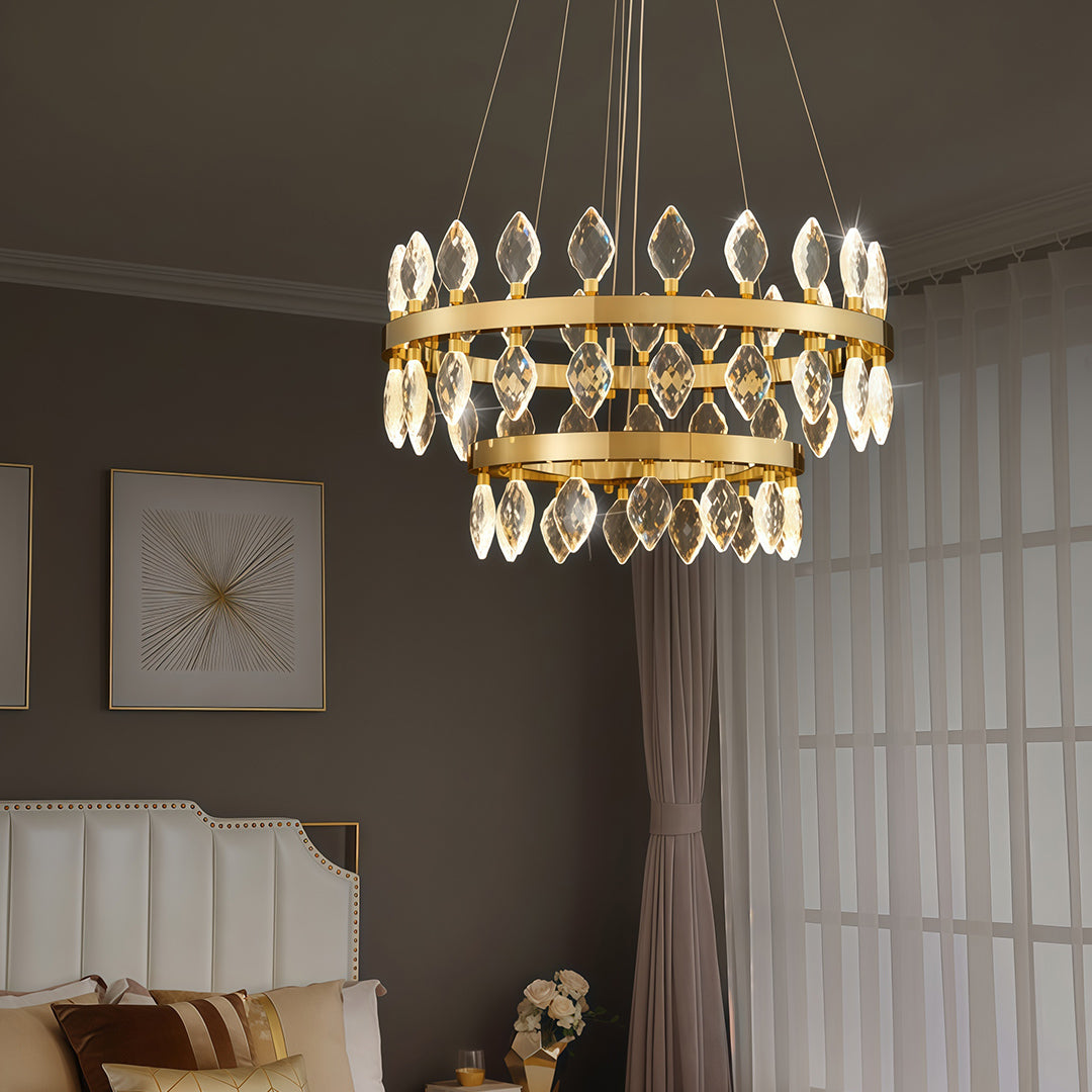 Italian-Style Crystal Ring Chandelier — Gold Iron, Multi-Layer, 3-Step Dimming, 23.6"–55.12"
