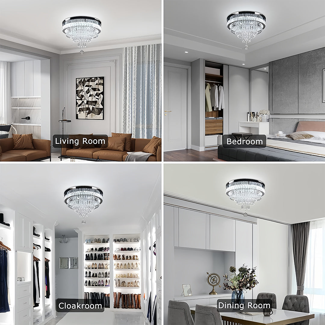 Round Crystal Flush-Mount Chandelier — Gold Stainless Steel, 55W LED, Four-Mode Dimming, 19.69"