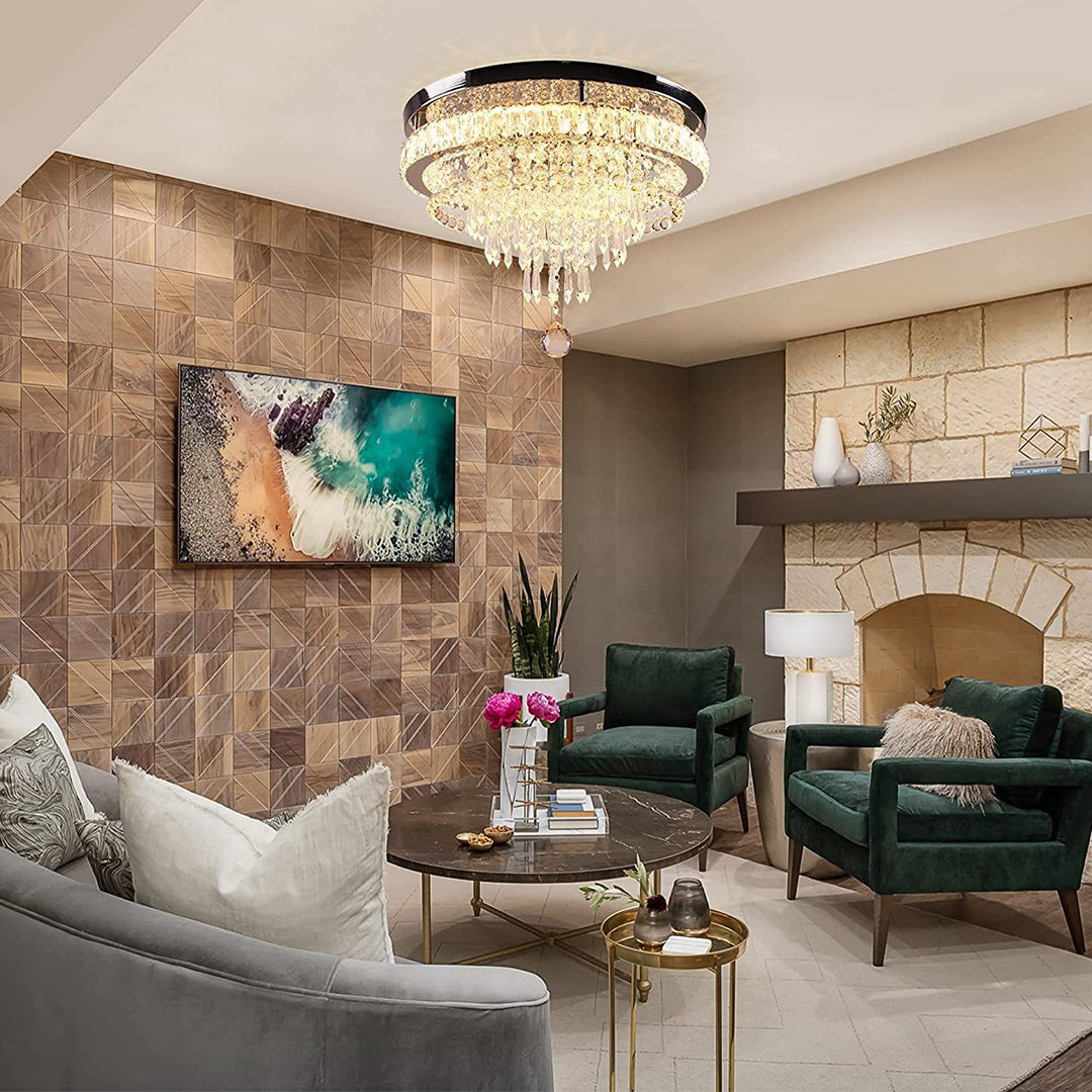 Round Crystal Flush-Mount Chandelier — Gold Stainless Steel, 55W LED, Four-Mode Dimming, 19.69"