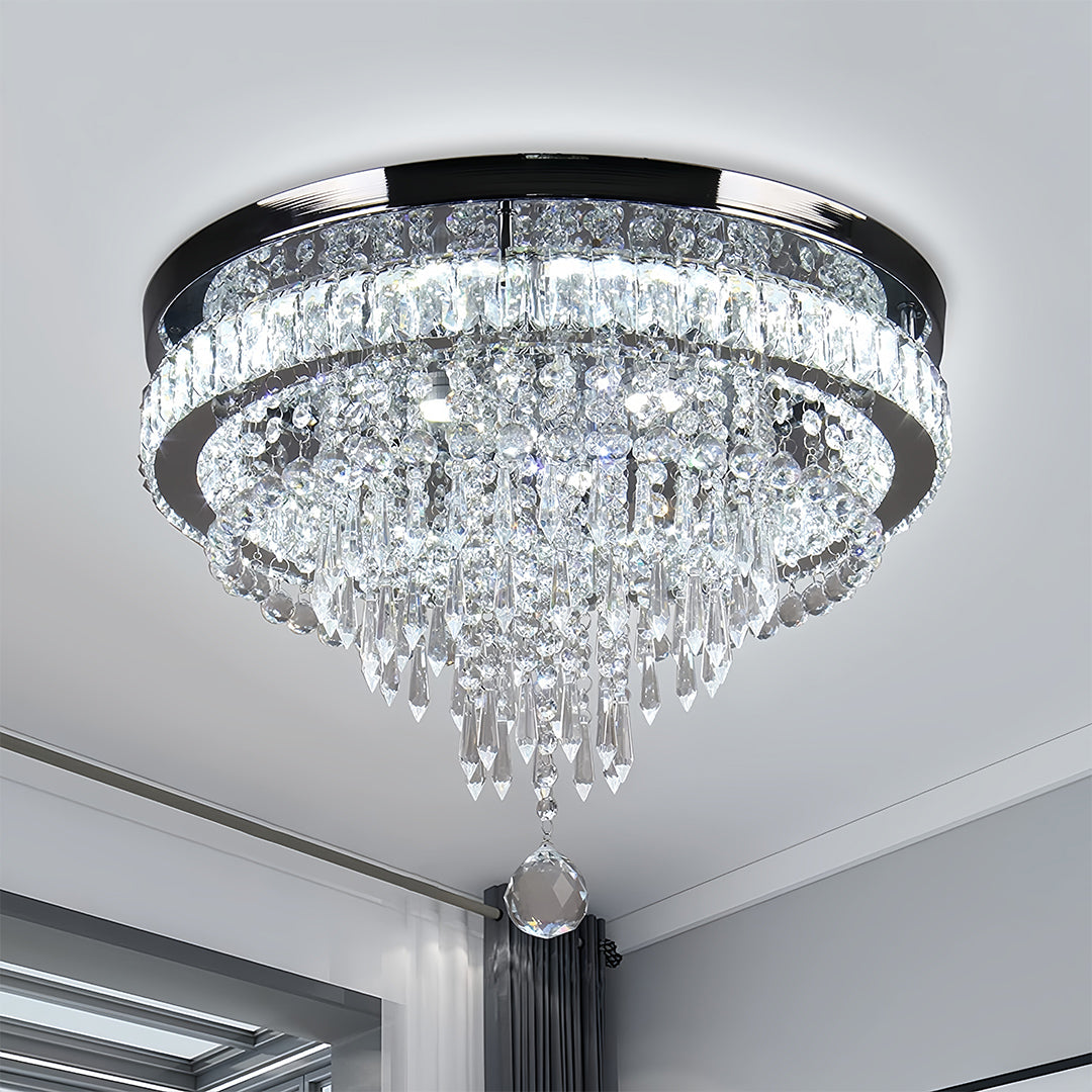 Round Crystal Flush-Mount Chandelier — Gold Stainless Steel, 55W LED, Four-Mode Dimming, 19.69"