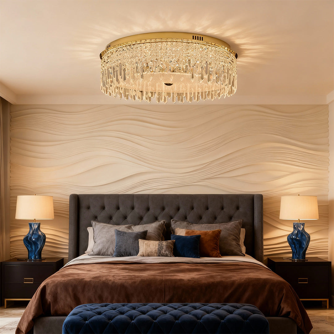 Modern Crystal Flush-Mount Ceiling Light — Champagne Gold Carbon Steel, LED, 3-Step Dimming (3000K/4000K/6000K), 3 Sizes