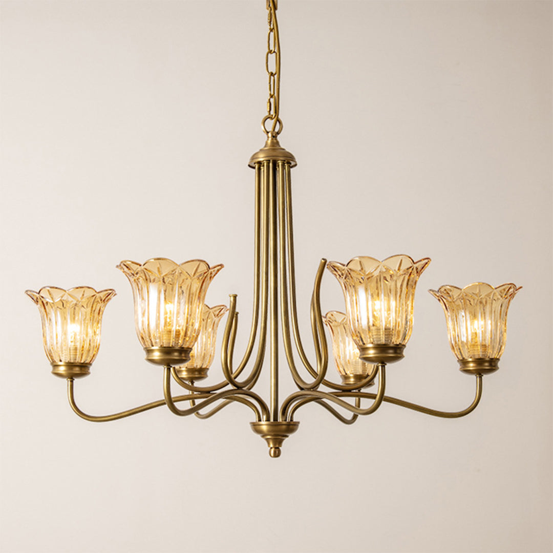Vintage Gold Glass Chandelier — Full Copper Brass, 6-Light E14, 3-Step Dimming, 31"