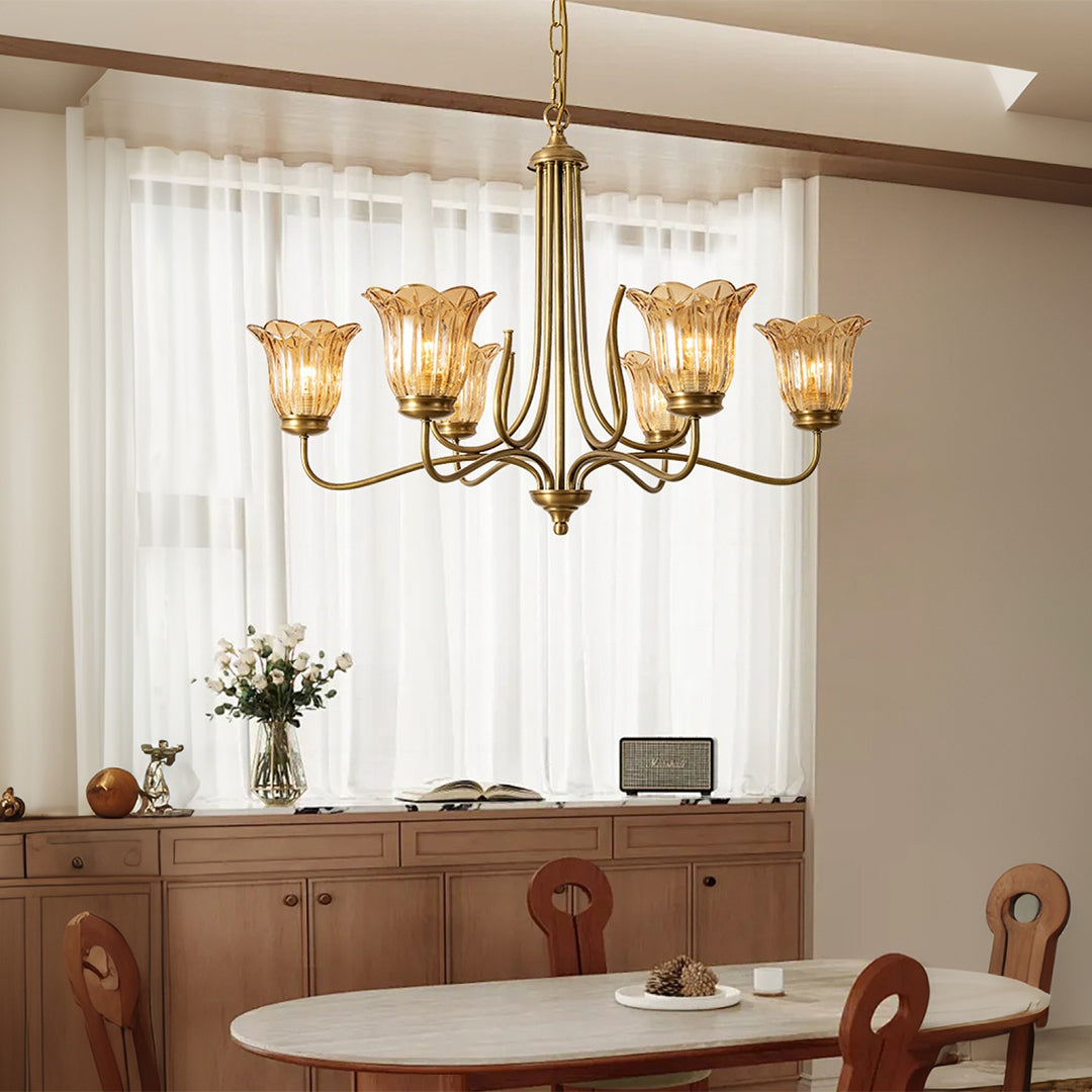 Vintage Gold Glass Chandelier — Full Copper Brass, 6-Light E14, 3-Step Dimming, 31"