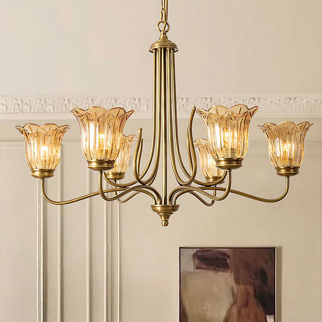 Vintage Gold Glass Chandelier — Full Copper Brass, 6-Light E14, 3-Step Dimming, 31"